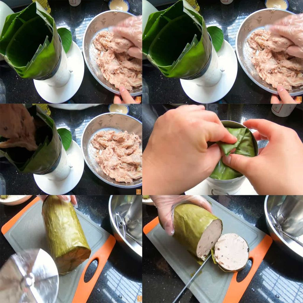 Gói chả lụa cẩn thận bằng lá chuối và hấp chín