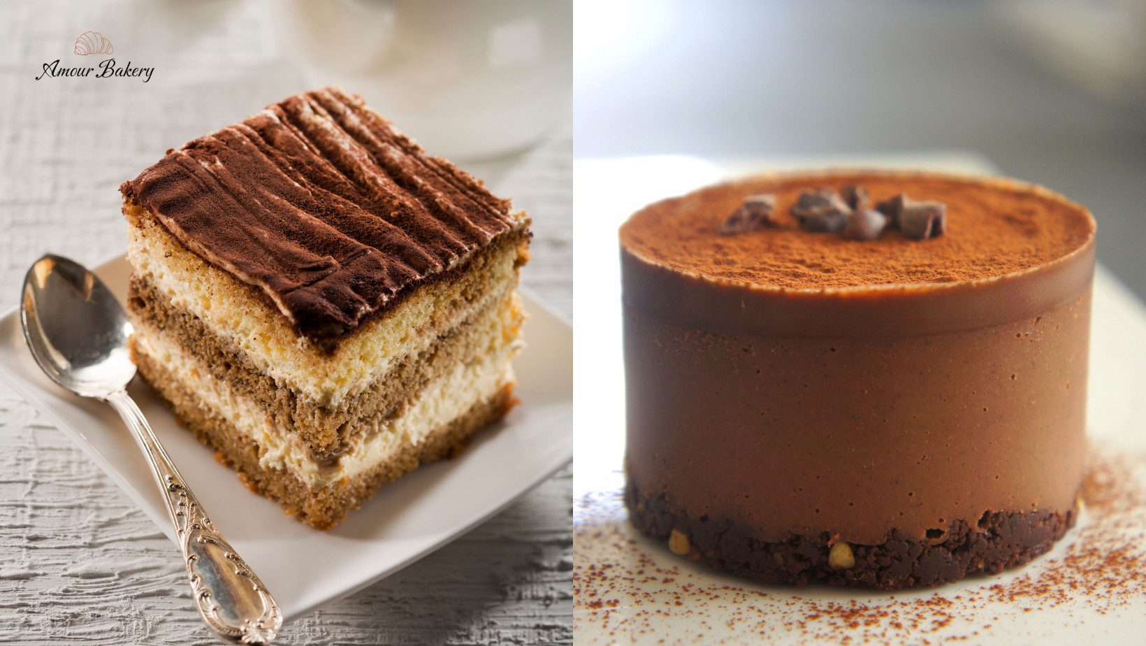 Hai loại bánh mousse và tiramisu đặt cạnh nhau, thể hiện điểm tương đồng về độ mềm mịn