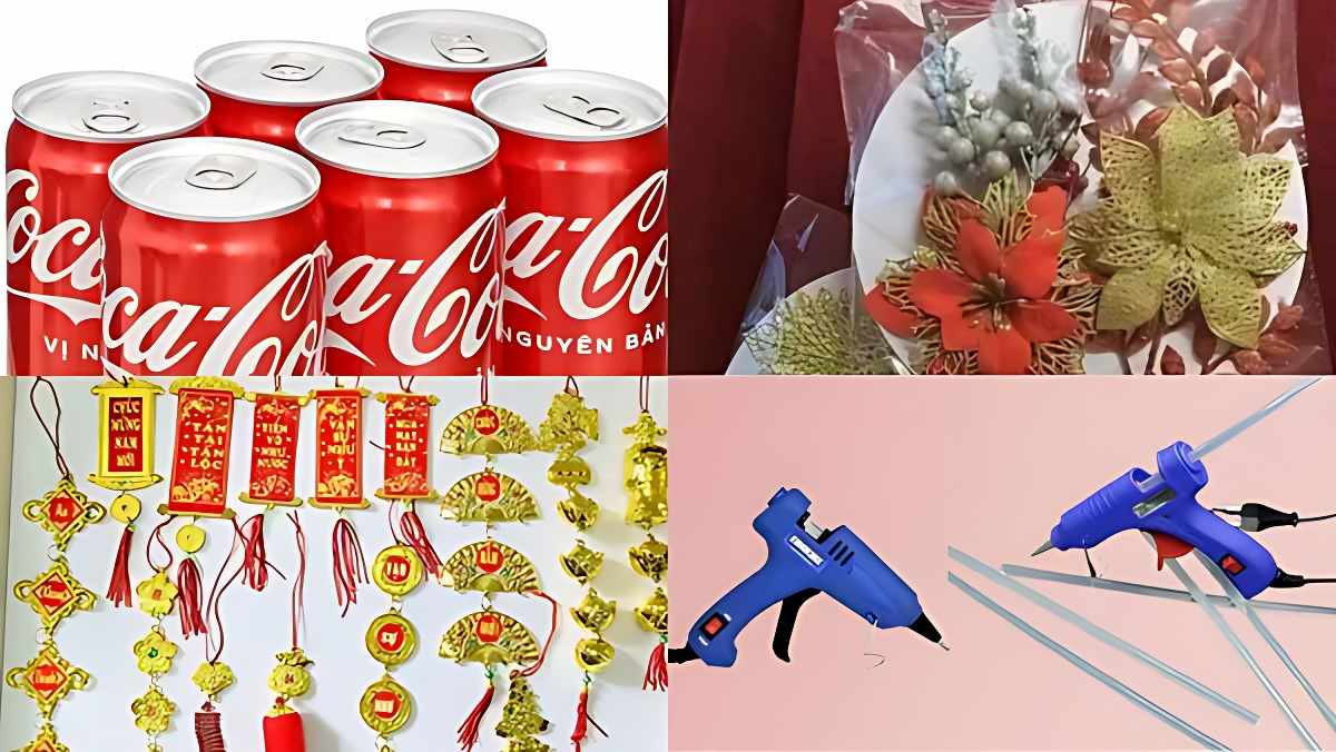 Hình ảnh các vật liệu cơ bản để làm tháp nước ngọt Coca-Cola trưng Tết.