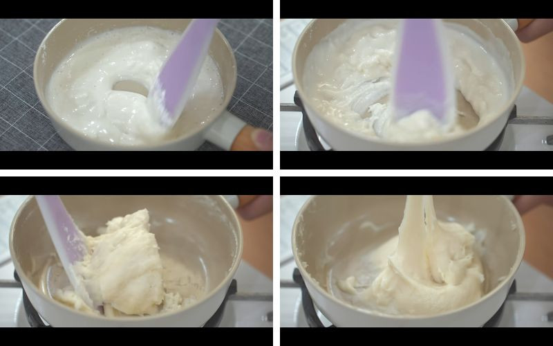 Khuấy bột làm vỏ bánh mochi không nhân trên bếp