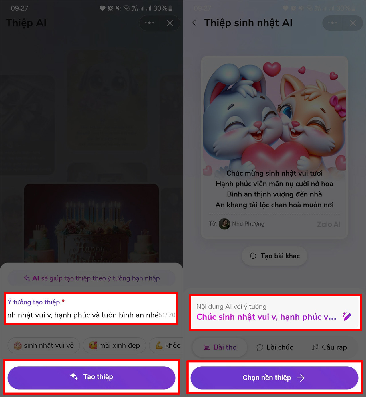 Màn hình Zalo tạo thiệp và chọn nền