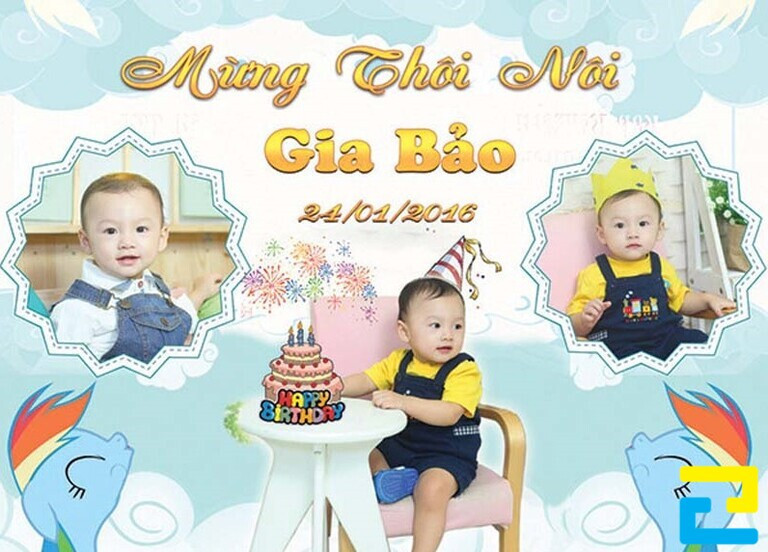 Mẫu background mừng thôi nôi bé Gia Bảo với họa tiết đáng yêu