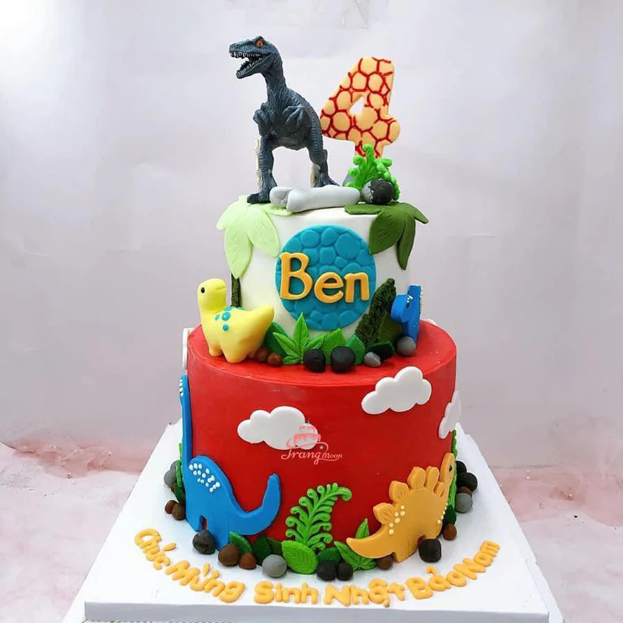 Mẫu bánh kem khủng long T-Rex oai vệ, chủ đề rừng rậm cho bữa tiệc sinh nhật bé trai