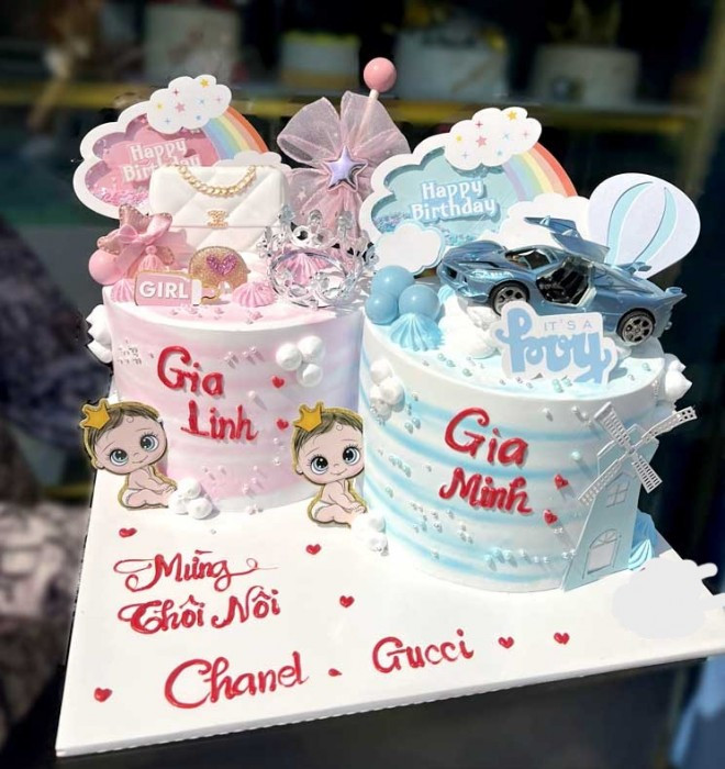 Mẫu bánh sinh nhật đôi hình thú cưng đáng yêu cho bé trai và bé gái