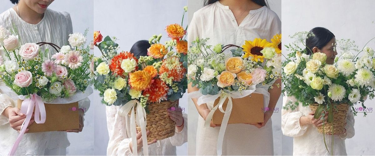 mẫu hoa sinh nhật đẹp với giỏ hoa tổng hợp đầy màu sắc