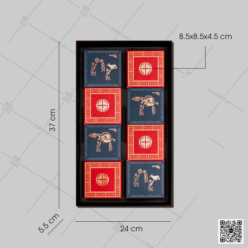 Mẫu hộp 8 bánh trung thu size vừa 150g, sắp xếp gọn gàng thành hai hàng