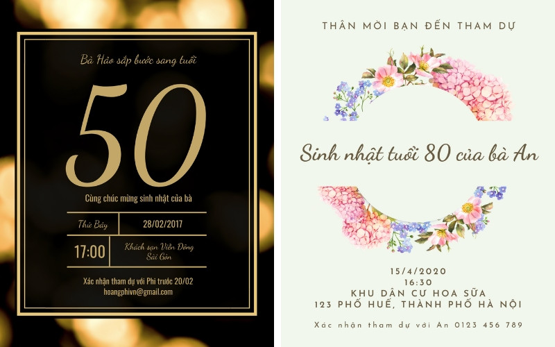 Mẫu thiệp mời sinh nhật trang trọng dành cho người lớn với phông chữ cổ điển