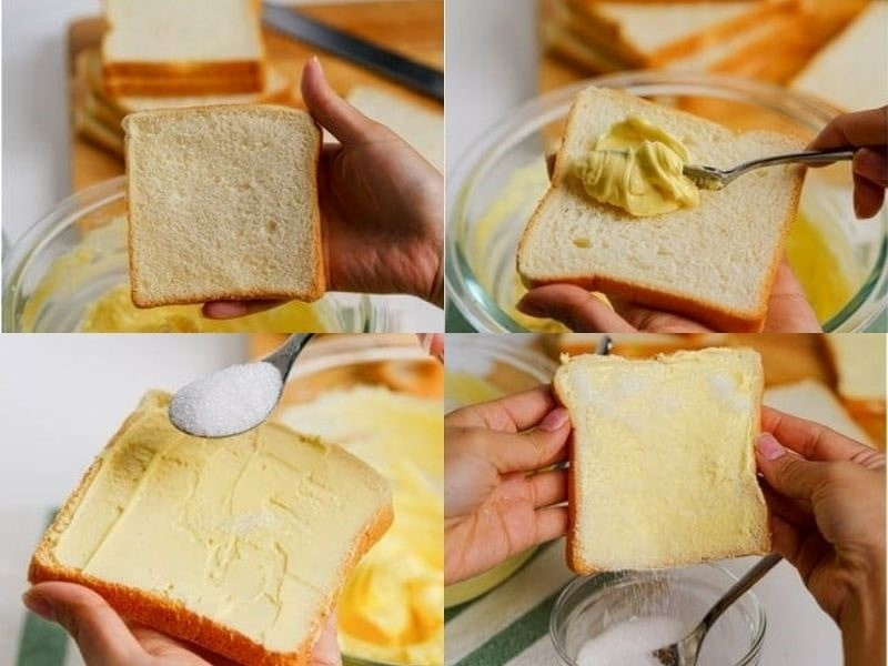 Người đang phết bơ đều lên lát bánh mì trước khi rắc đường, chuẩn bị cho món bánh mì nướng bơ đường