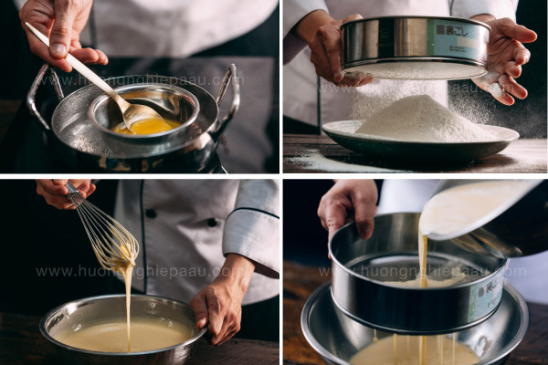 Người đang rây bột mì và muối vào âu để làm vỏ bánh crep mịn