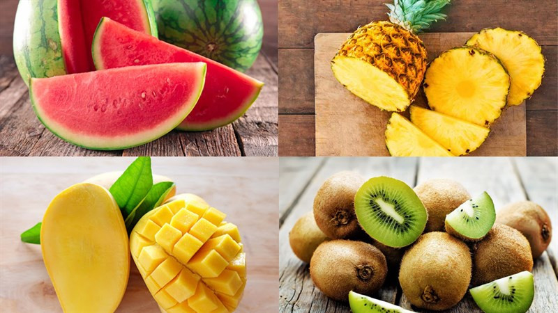 Nguyên liệu đa dạng gồm dưa hấu, kiwi, cam, xoài để làm bánh sinh nhật dưa hấu