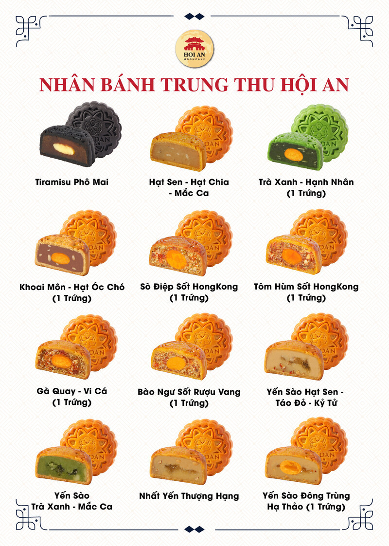 Nhân bánh trung thu đa dạng của **thương hiệu Hội An Mooncake**, được ưa chuộng ở **Sài Gòn**