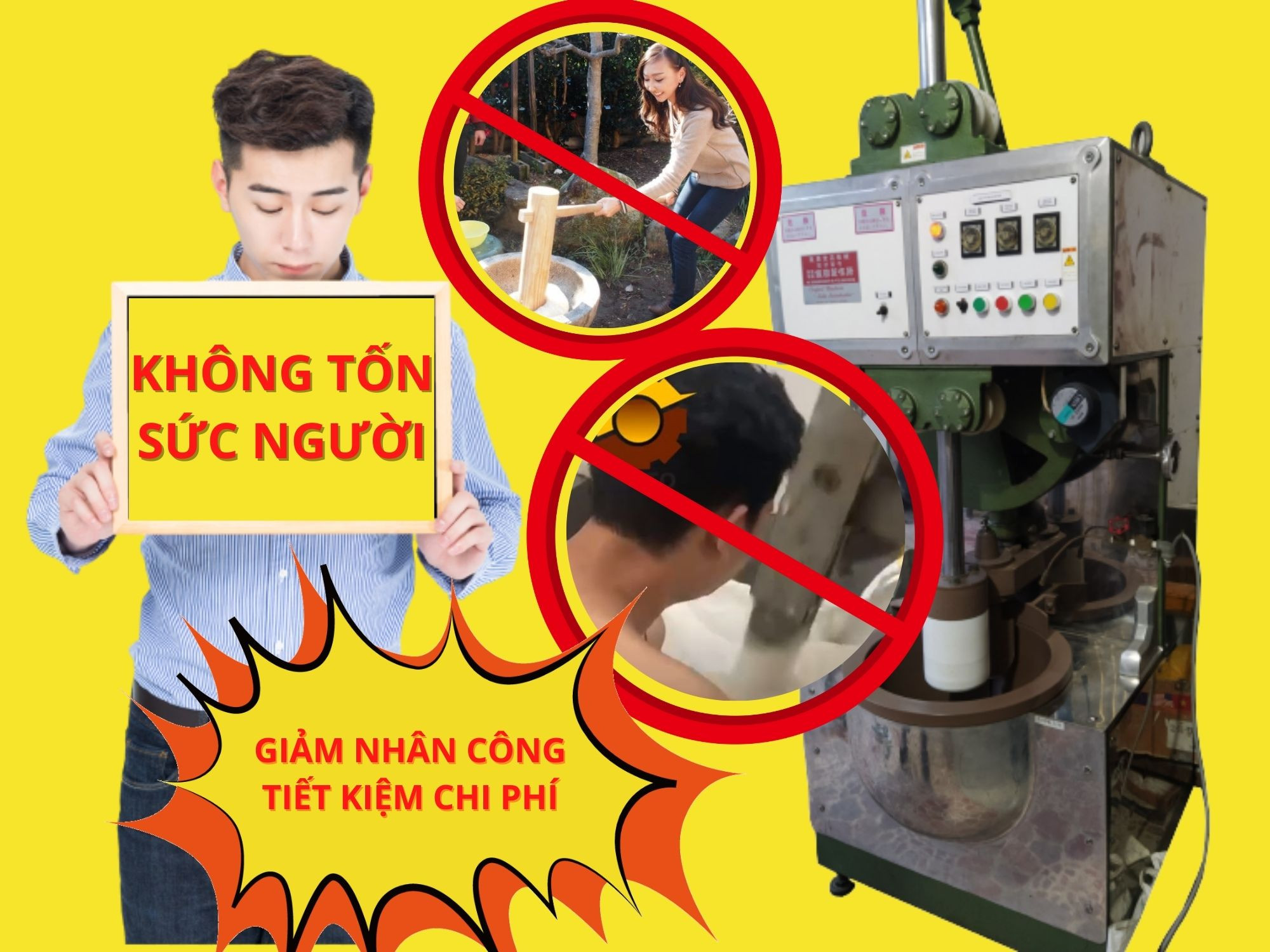 Những người đàn ông đang miệt mài giã bánh dày giã tay với cối chày gỗ truyền thống, thể hiện sự công phu của nghệ thuật làm bánh.