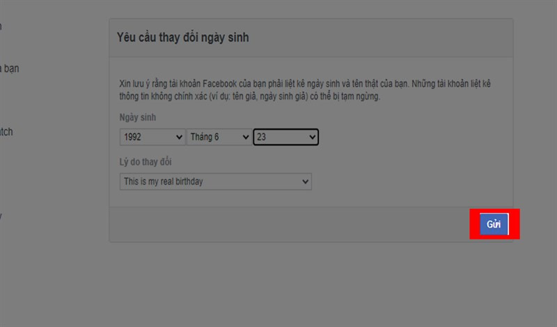 Nút "Gửi" cuối biểu mẫu Link 159 sau khi đã điền đầy đủ thông tin yêu cầu thay đổi ngày sinh trên Facebook