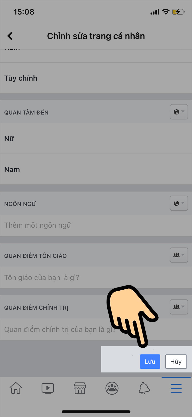 Nút "Lưu" ở cuối trang cài đặt thông tin cá nhân trên Facebook di động, dùng để xác nhận việc ẩn sinh nhật