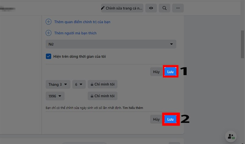 Nút "Lưu" ở cuối trang thông tin cơ bản trên Facebook máy tính, cần nhấn để áp dụng cài đặt ẩn sinh nhật