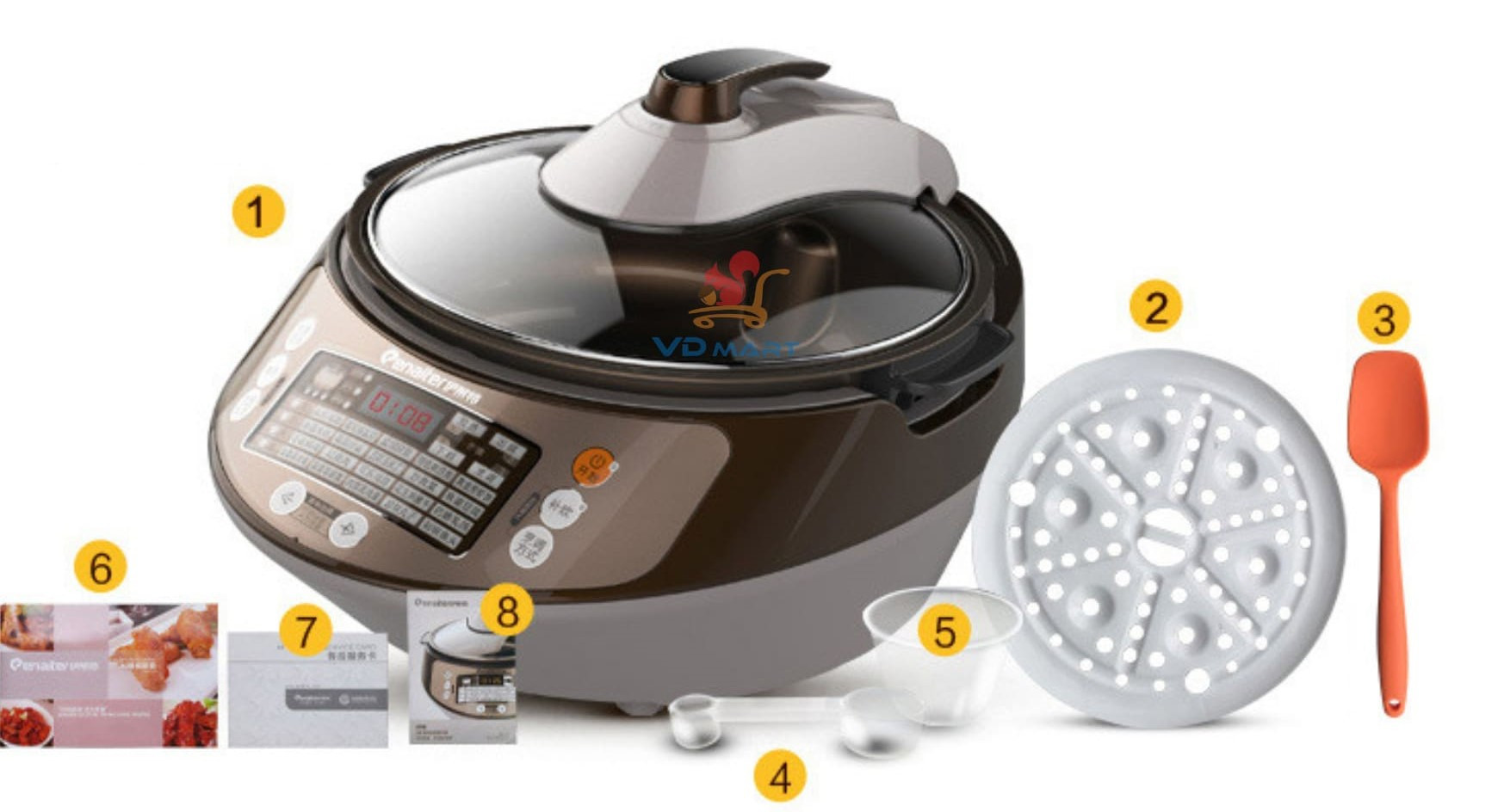 Phụ kiện đi kèm của nồi sên nhân Enaiter bao gồm nồi chống dính, phới silicon, muỗng đong, cốc đong, vỉ hấp và cánh khuấy