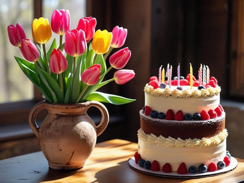 Tải ảnh sinh nhật đẹp nhất với bó hoa tulip và bánh kem tặng mẹ