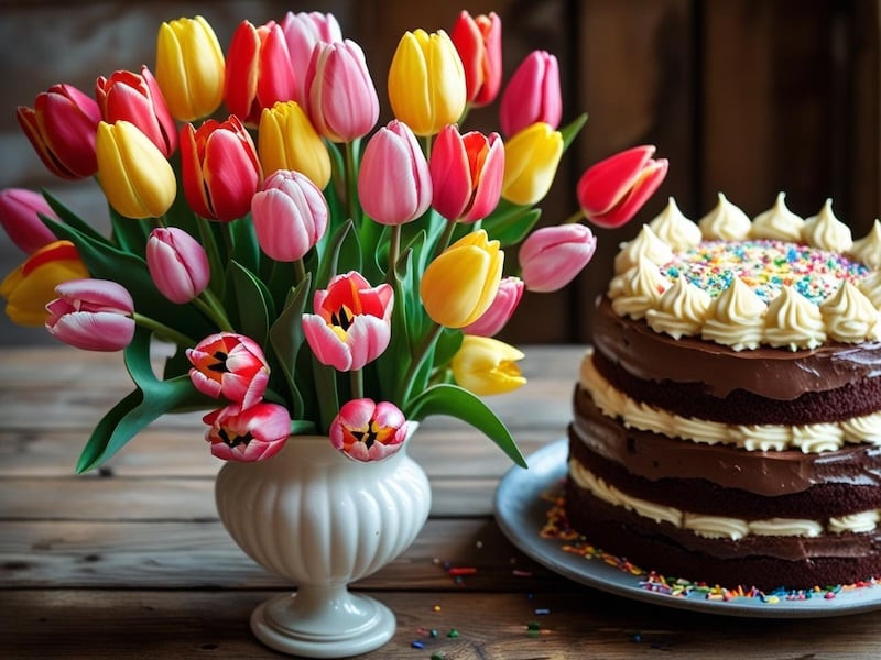 Tải ảnh sinh nhật đẹp nhất với bó hoa tulip và bánh kem tặng người yêu lãng mạn