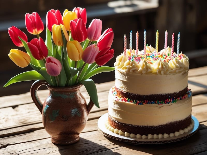 Tải ảnh sinh nhật đẹp nhất với bó hoa tulip và bánh kem tặng vợ lãng mạn