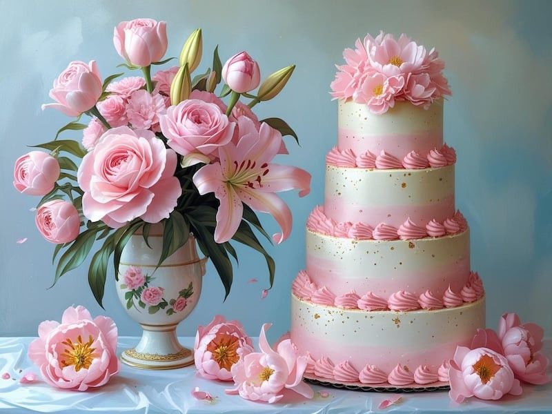 Tải ảnh sinh nhật đẹp nhất với hoa hồng pastel và bánh kem