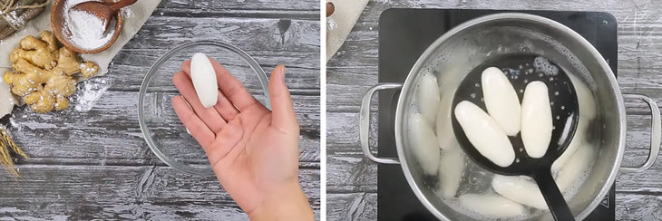 Tay đang nặn bột nếp thành hình kén làm bánh ngào