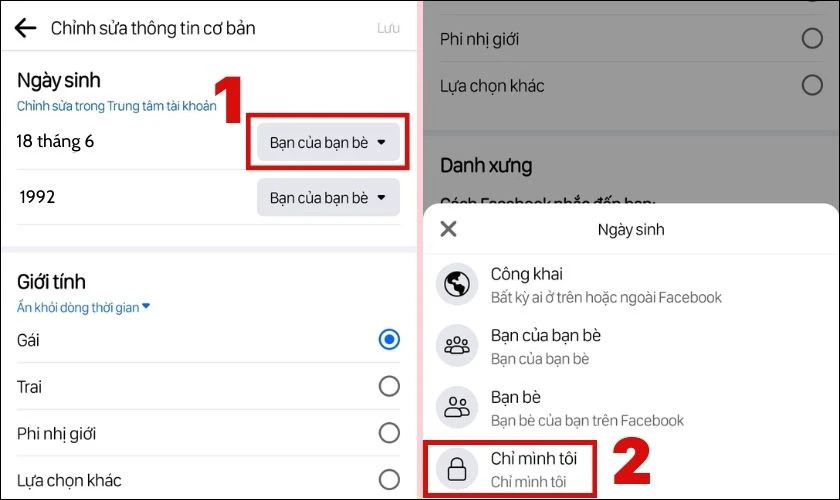 Thay đổi quyền riêng tư ngày sinh thành Chỉ mình tôi để tắt thông báo sinh nhật cá nhân
