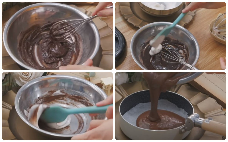 Trộn nhẹ nhàng lòng trắng trứng vào hỗn hợp bột cacao làm bánh sinh nhật socola đơn giản