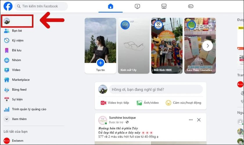 Truy cập Facebook trên máy tính và nhấn vào avatar để quản lý cài đặt sinh nhật