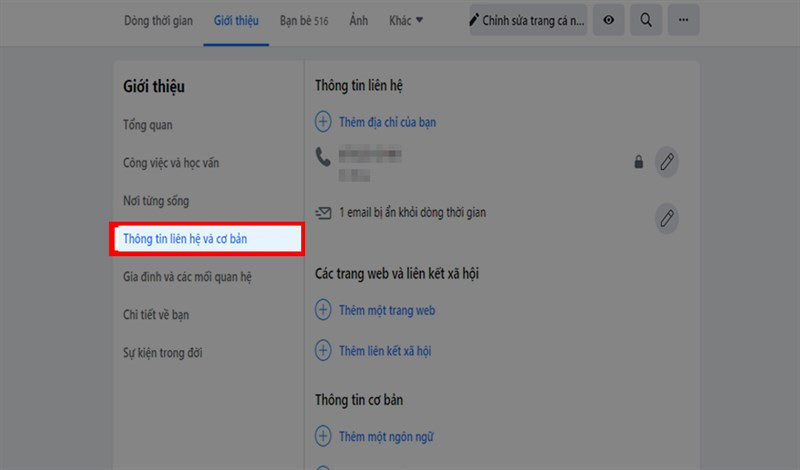 Truy cập Thông tin liên hệ và cơ bản để điều chỉnh cài đặt ngày sinh trên Facebook