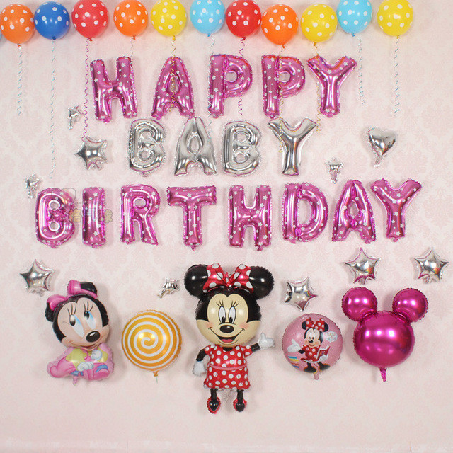 Tường bong bóng sinh nhật Minnie Mouse màu hồng đen đáng yêu, phù hợp bé gái