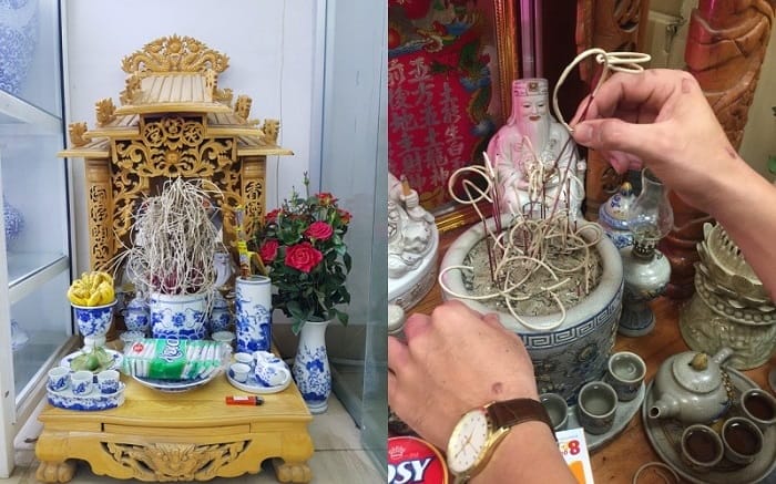 Lau chùi bàn thờ, rút bớt chân nhang bàn thờ Thần Tài