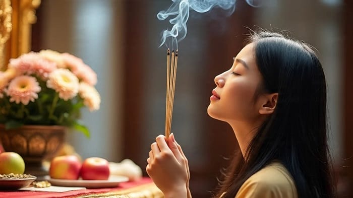 Thực hiện nghi lễ cúng rằm bằng cách thắp hương, đọc bài văn khấn