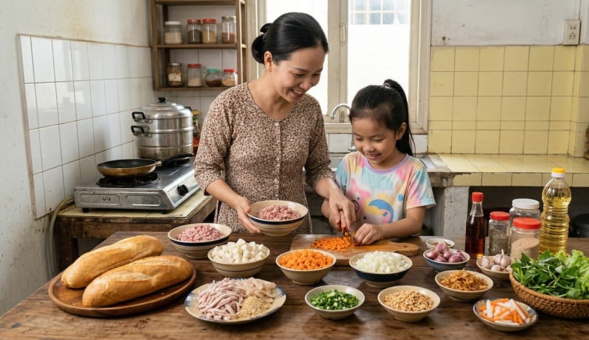 Chuẩn bị đầy đủ nguyên liệu để làm bánh mì hấp thịt bằm thơm ngon