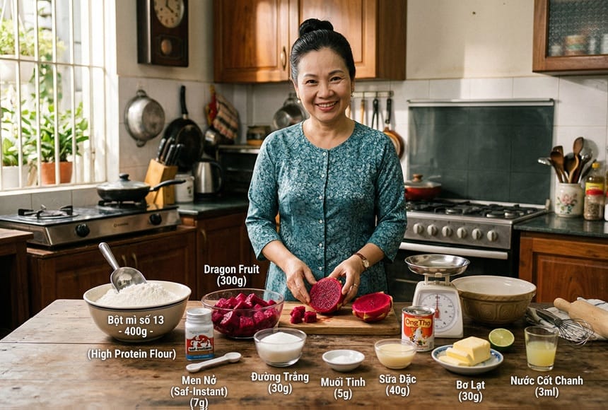 Chuẩn bị nguyên liệu đầy đủ cho ra lò một chiếc bánh mì thanh long thơm ngon