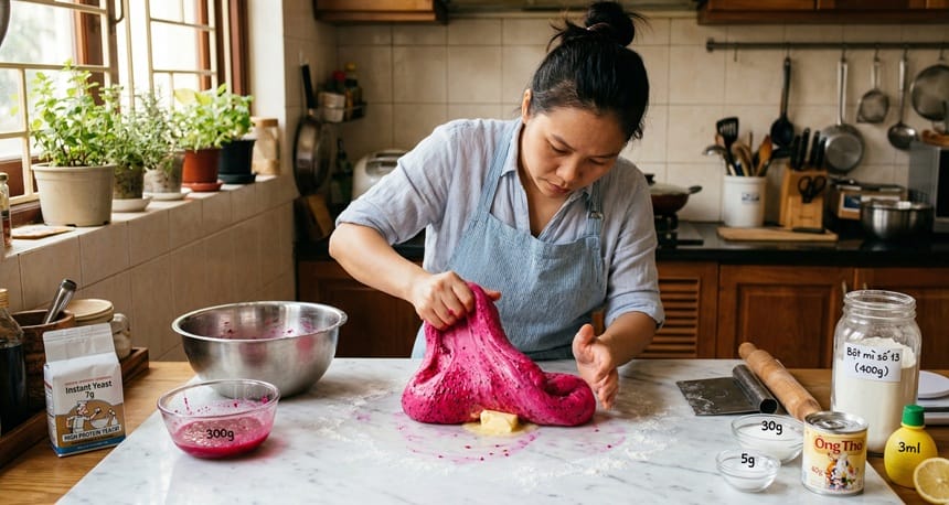 Trộn và nhột bột cho đến khi mịn màng không dính tay
